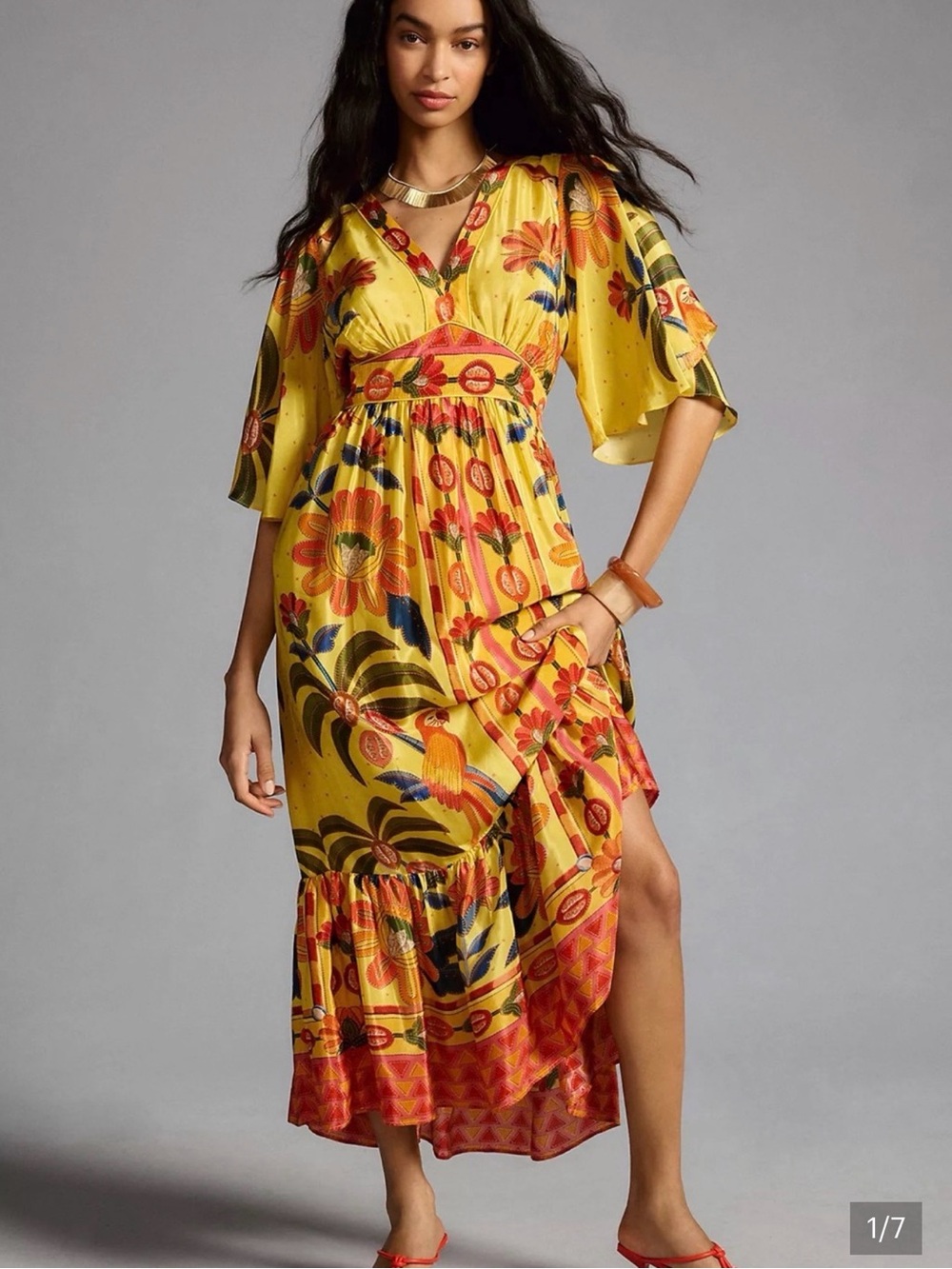 FARM Rio Yellow Floral V-Neck Maxi Dress with Red & Blue Accents